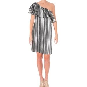 Aqua‎ One Shoulder Ruffle Mini Dress Blue White Stripe Cotton Lined Size L